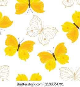 Yellow butterflies on white background. Seamless pattern. Vector illustration in cartoon flat style.