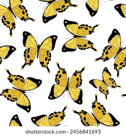 Yellow butterflies seamless pattern with hand drawn machaon butterflies on white background for wallpaper, textile prints, wrapping paper, packaging, stationary, etc. EPS 10