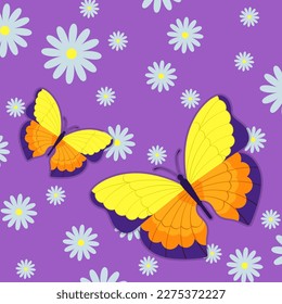 Ilustración vectorial de las mariposas amarillas. Hermosos insectos y flores sobre fondo morado. Tarjeta de saludo de primavera o diseño de afiches. Primavera, naturaleza, renacimiento, libertad, concepto de positividad