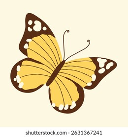 Yellow butterfly with dark outline and white dots isolated on white background illustration