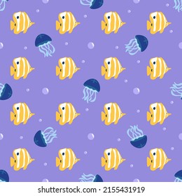 Yellow butterfly fish simple seamless pattern on purple background. Exotic coral sea wildlife. Vector illustration. Ocean backdrop