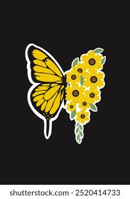 yellow butterfly with flowers on a black background