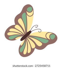 Borboleta amarela com padrão verde. Insetos voadores em estilo plano. Ilustração desenhada à mão.