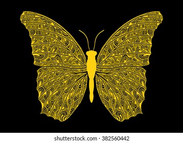 Yellow butterfly on a black background. Zentangle style. Vector illustration.