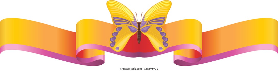 Yellow butterfly on the bright ribbon. Vector