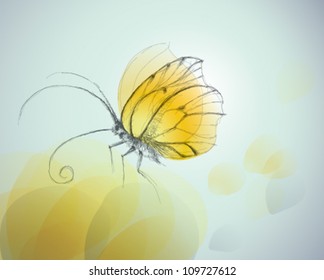Yellow butterfly on flower / Realistic vector sketch