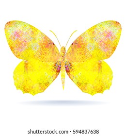 Yellow butterfly on white background. Light  wings wits abstract  pattern