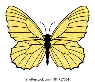 Yellow butterfly zentangle style. Vector illustration.