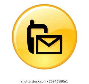 Yellow button with a black mobile phone and envelope icon isolated on white background for contact, communication, message, and information concept vector illustration