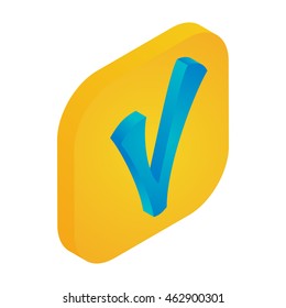 Yellow button with check mark sign icon in isometric 3d style isolated on white background
