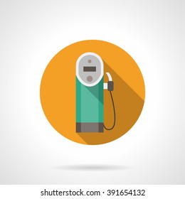 Yellow button with gas station pump old style. Refueling with diesel fuel. Oil industry. Flat color round style vector icon. Web design element for site, mobile and business.