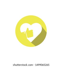 yellow button with heart and finger up in the middle in circle for web