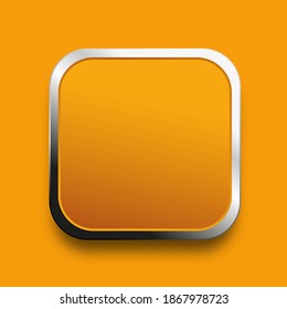 Yellow button template with metal frame on orange background. Plate with round corner surface. Vector illustration mockup for print, web, ui, technology. Metallic icon for mobile app