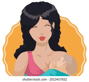 Gelber Knopf mit einer jungen, lächelnden Mutter schwarz-langer Haare, die ihr Baby in den Armen trägt und stillen.