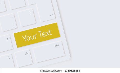Yellow button your text. Neomorphism style. White keyboard close-up. 3D realism. Template for advertising web banners, mobile applications, empty background for your text. Vector