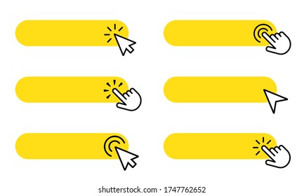 Yellow buttons with clicking hand or arrow pointer set. Click here vector template. 