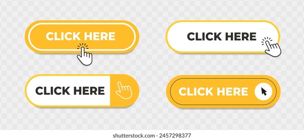 Yellow buttons with clicking hand or arrow pointer set. Click here vector template