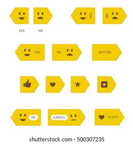 Yellow Buttons with Emotions. Set of Buttons with Social Media Signs. Arrows with Icons. Pictograms on Yellow Arrows. Buttons with Messages