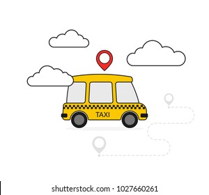 Yellow cab in the background of clouds. Taxi service. Flat vector illustration.