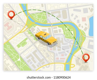 Yellow cab banner isometric. Online navigation application order taxi service. Isometry car vector isometric route banner. 3D taxi classic vehicle itinerary road. Get a taxi online phone application