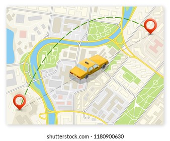 Yellow cab banner isometric. Online navigation application order taxi service. Isometry car vector isometric route banner. 3D taxi classic vehicle itinerary road. Get a taxi online phone application