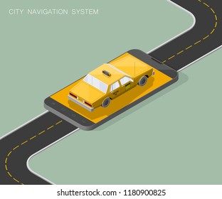 Yellow cab banner isometric. Online mobile application order taxi service illustration. Flat car vector isometric high quality banner. 3D taxi vehicle smartphone. Get a taxi online phone application