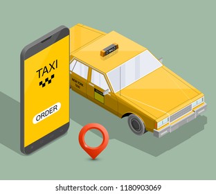 Yellow cab banner isometric. Online mobile application order taxi service illustration. Flat car vector isometric high quality banner. 3D taxi vehicle smartphone. Get a taxi online phone application