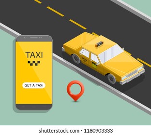 Yellow cab banner isometric. Online mobile application order taxi service illustration. Flat car vector isometric high quality banner. 3D taxi vehicle smartphone. Get a taxi online phone application