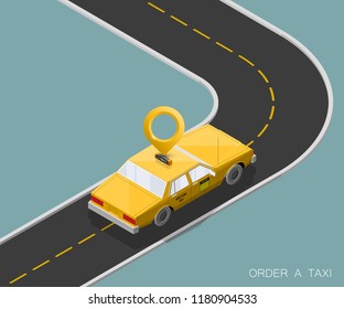 Yellow cab banner isometric. Online navigation application order taxi service. Isometry car vector isometric route banner. 3D taxi classic vehicle itinerary road. Get a taxi online phone application