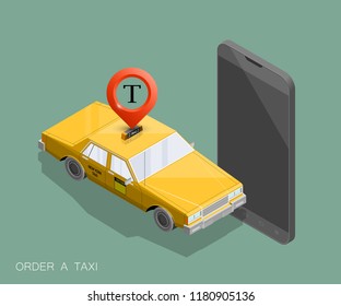 Yellow cab banner isometric. Online mobile application order taxi service illustration. Flat car vector isometric high quality banner. 3D taxi vehicle smartphone. Get a taxi online phone application