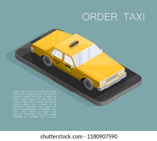 Yellow cab banner isometric. Online mobile application order taxi service illustration. Flat car vector isometric high quality banner. 3D taxi vehicle smartphone. Get a taxi online phone application