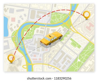 Yellow cab banner isometric. Online navigation application order taxi service. Isometry car vector isometric route banner. 3D taxi classic vehicle itinerary road. Get a taxi online phone application