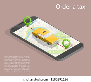 Yellow cab banner isometric. Online mobile application order taxi service illustration. Flat car vector isometric high quality banner. 3D taxi vehicle smartphone. Get a taxi online phone application