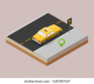 Yellow cab banner isometric. Online navigation application order taxi service. Isometry car vector isometric route banner. 3D taxi classic vehicle itinerary road. Get a taxi online phone application