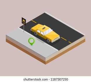 Yellow cab banner isometric. Online navigation application order taxi service. Isometry car vector isometric route banner. 3D taxi classic vehicle itinerary road. Get a taxi online phone application