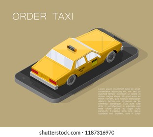 Yellow cab banner isometric. Online mobile application order taxi service illustration. Flat car vector isometric high quality banner. 3D taxi vehicle smartphone. Get a taxi online phone application