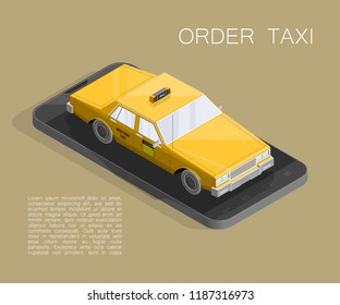Yellow cab banner isometric. Online mobile application order taxi service illustration. Flat car vector isometric high quality banner. 3D taxi vehicle smartphone. Get a taxi online phone application