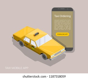 Yellow cab banner isometric. Online mobile application order taxi service illustration. Flat car vector isometric high quality banner. 3D taxi vehicle smartphone. Get a taxi online phone application