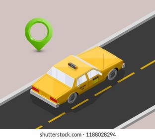 Yellow cab banner isometric. Online navigation application order taxi service. Isometry car vector isometric route banner. 3D taxi classic vehicle itinerary road. Get a taxi online phone application