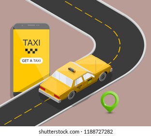 Yellow cab banner isometric. Online mobile application order taxi service illustration. Flat car vector isometric high quality banner. 3D taxi vehicle smartphone. Get a taxi online phone application