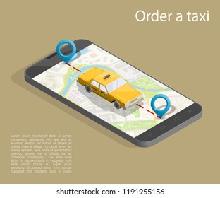 Yellow cab banner isometric. Online mobile application order taxi service illustration. Flat car vector isometric high quality banner. 3D taxi vehicle smartphone. Get a taxi online phone application
