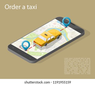 Yellow cab banner isometric. Online mobile application order taxi service illustration. Flat car vector isometric high quality banner. 3D taxi vehicle smartphone. Get a taxi online phone application