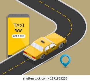 Yellow cab banner isometric. Online mobile application order taxi service illustration. Flat car vector isometric high quality banner. 3D taxi vehicle smartphone. Get a taxi online phone application