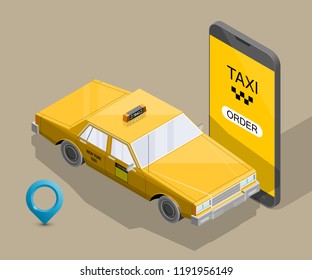 Yellow cab banner isometric. Online mobile application order taxi service illustration. Flat car vector isometric high quality banner. 3D taxi vehicle smartphone. Get a taxi online phone application
