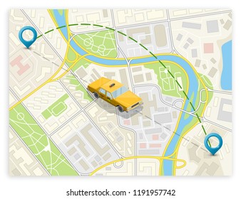 Yellow cab banner isometric. Online navigation application order taxi service. Isometry car vector isometric route banner. 3D taxi classic vehicle itinerary road. Get a taxi online phone application