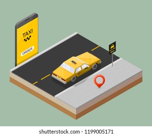 Yellow cab banner isometric. Online mobile application order taxi service illustration. Flat car vector isometric high quality banner. 3D taxi vehicle smartphone. Get a taxi online phone application