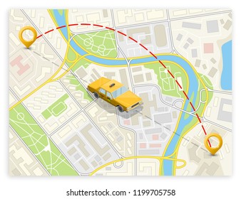 Yellow cab banner isometric. Online navigation application order taxi service. Isometry car vector isometric route banner. 3D taxi classic vehicle itinerary road. Get a taxi online phone application