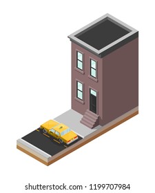Yellow cab banner isometric. Online navigation application order taxi service. Isometry car vector isometric route banner. 3D taxi classic vehicle itinerary road. Get a taxi online phone application