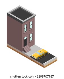 Yellow cab banner isometric. Online navigation application order taxi service. Isometry car vector isometric route banner. 3D taxi classic vehicle itinerary road. Get a taxi online phone application