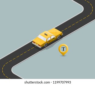 Yellow cab banner isometric. Online navigation application order taxi service. Isometry car vector isometric route banner. 3D taxi classic vehicle itinerary road. Get a taxi online phone application